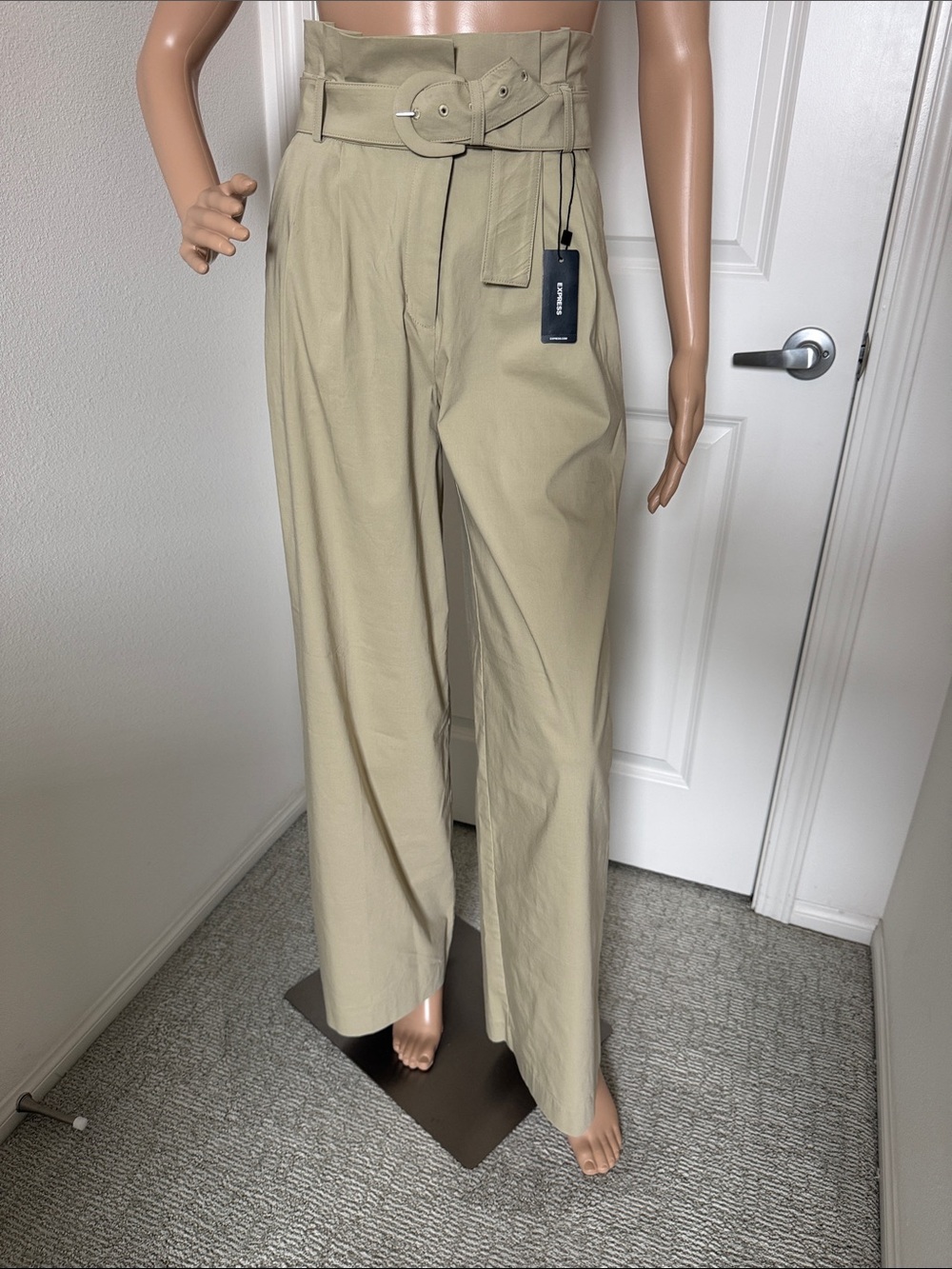 EXPRESS women High-Waist Paperbag Belted Wide-Leg Pants - Khaki